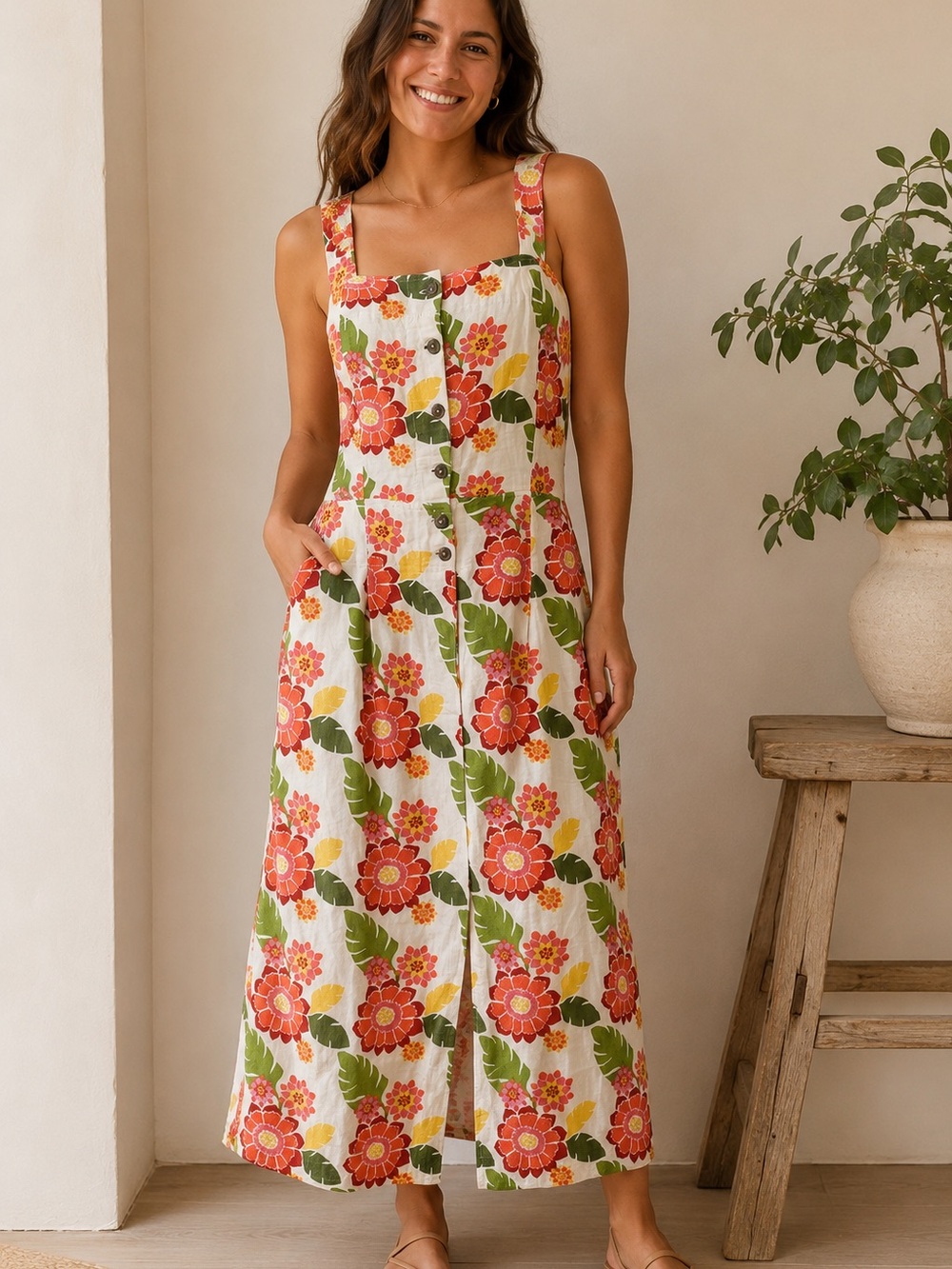 NWT LaRoque Hales Floral Button Front Midi Dress Size L